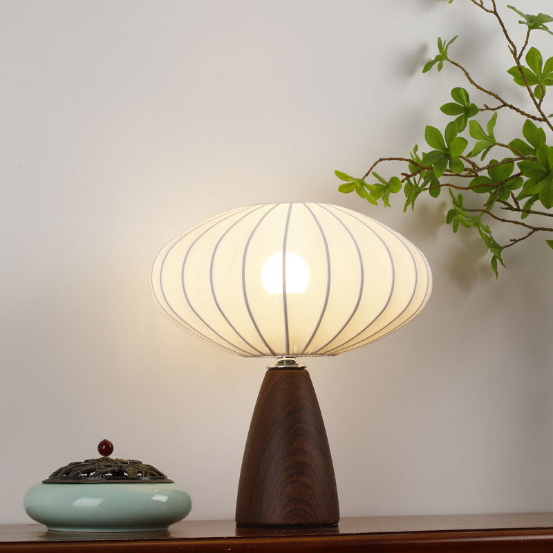 Mid-Century Holzmaserung Kegelbasis Pilzstoff Tischlampe