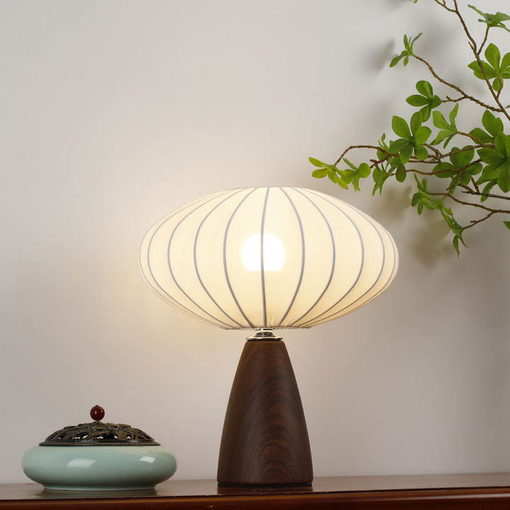 Mid-Century Holzmaserung Kegelbasis Pilzstoff Tischlampe