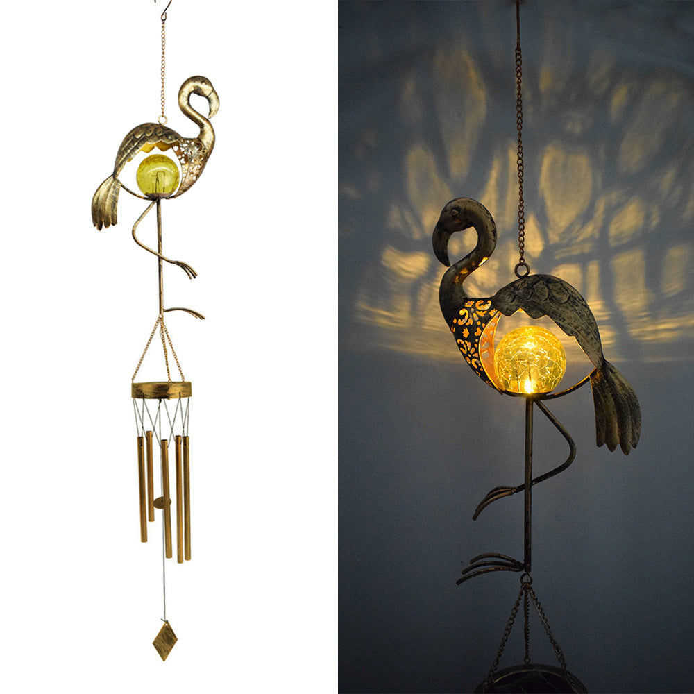 Hängende Flamingo Solar LED Windspiel mit Knackglas-Globus