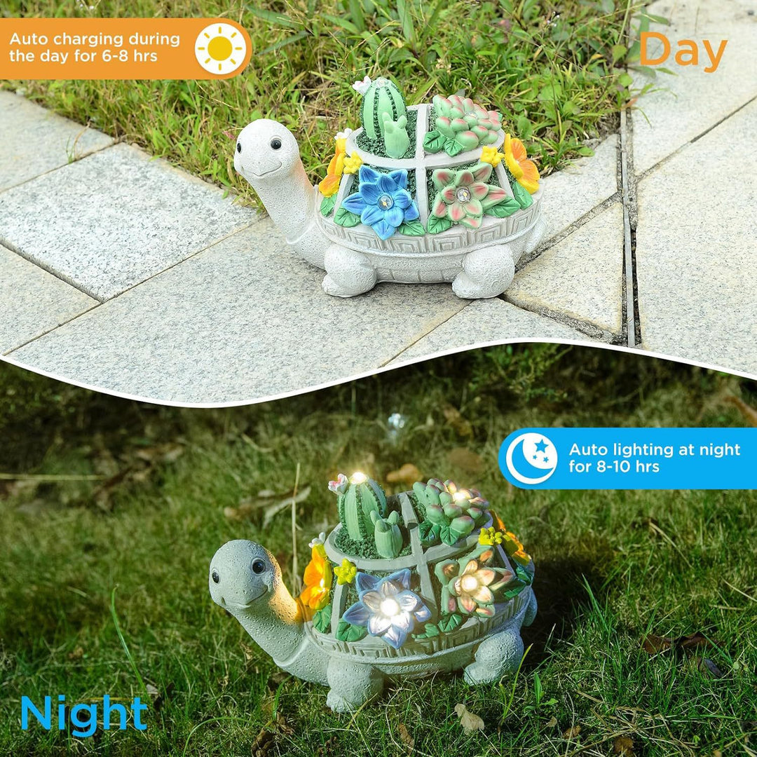 Solarbetriebene Gartenzwerg-Skulptur mit integrierten LED-Fairy Lights und Schildkröten-Topf