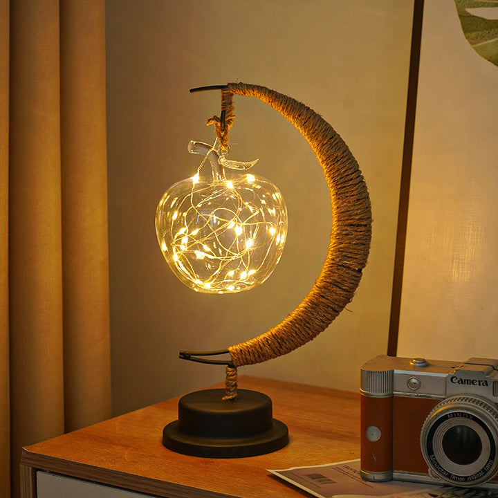 Dekorative Glas-Apfel-LED-Tischlampe mit Mondform-Seilumwickelständer