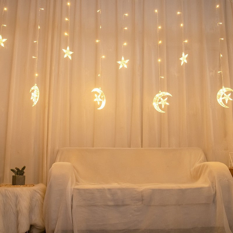 Hängende Stern- und Halbmond-LED-Vorhang-Lichterkette für Schlafzimmer-Ambiente