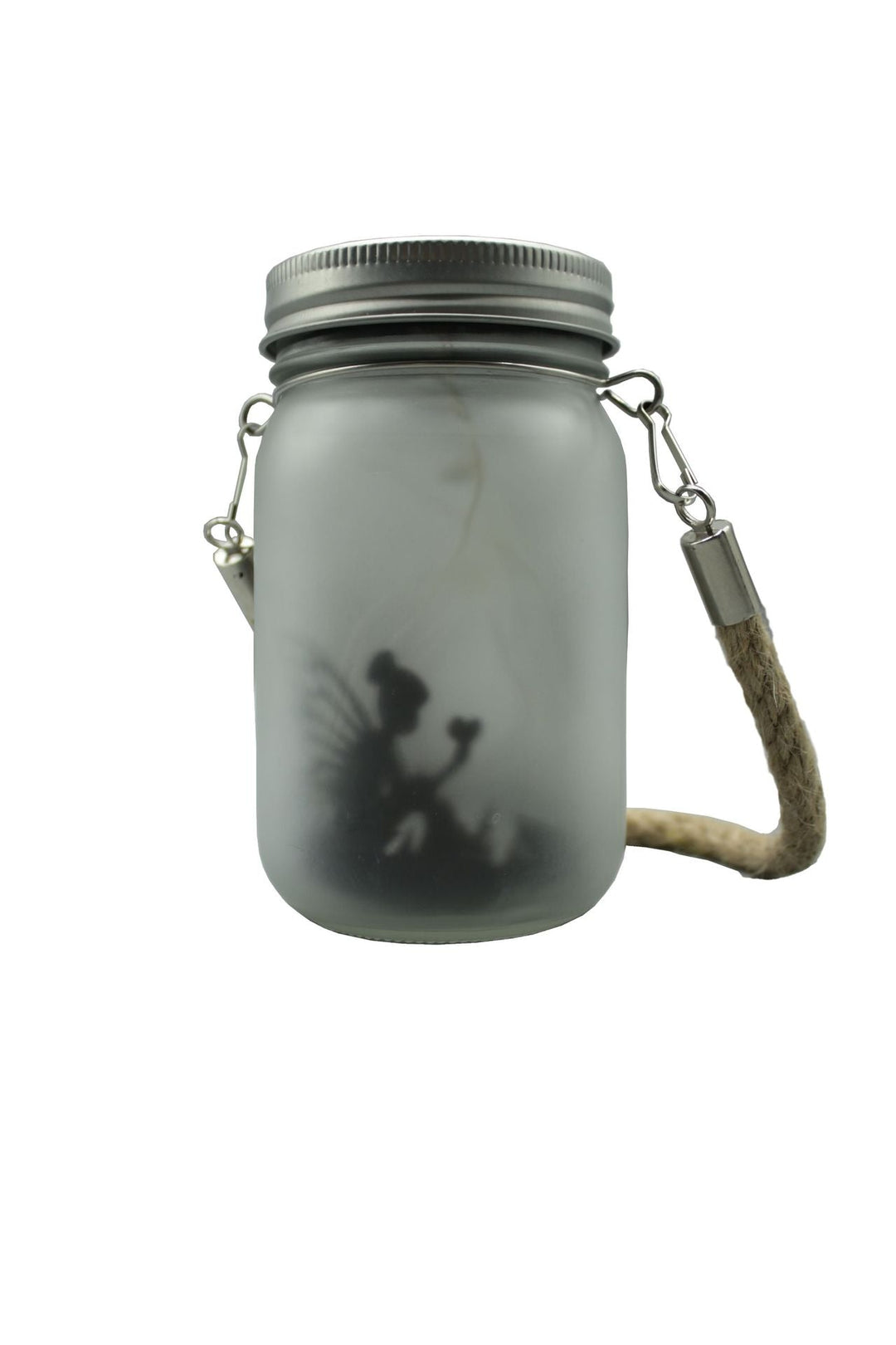 Hängende frosted Mason Jar Solar LED Feen Silhouette Laterne mit Seilgriff und dynamischer LED-Lichterkette