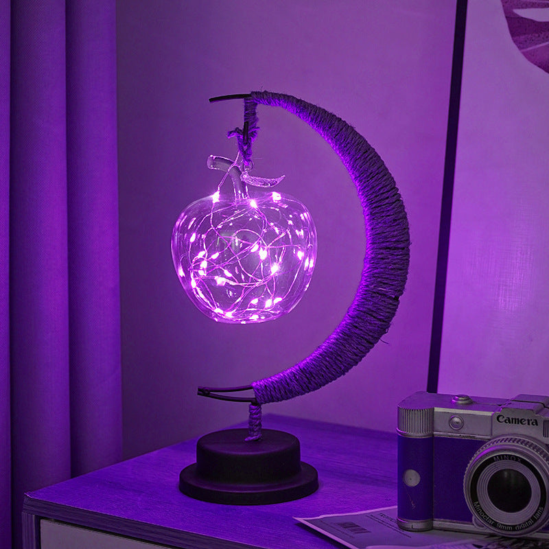 Dekorative Glas-Apfel-LED-Tischlampe mit Mondform-Seilumwickelständer