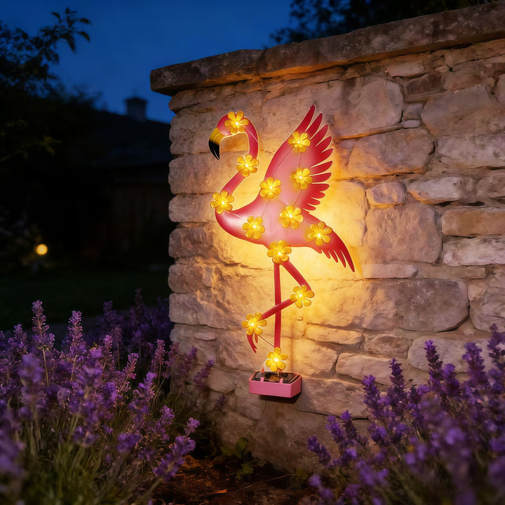 Solarbetriebene Flamingo LED Gartenstehleuchte mit Blumenakzentlampen