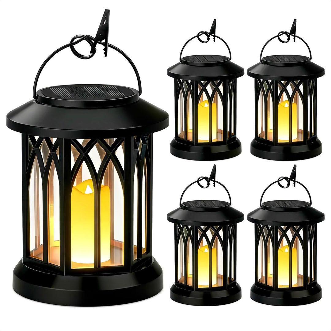 Solarbetriebene hängende LED-Laterne Set mit flackernder flameless Kerze und Metallclip-Haken