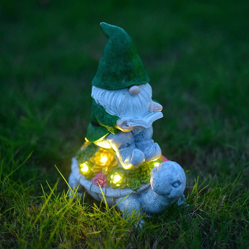 Solarbetriebene Gartenzwerg-Skulptur mit integrierten LED-Fairy Lights und Schildkröten-Topf