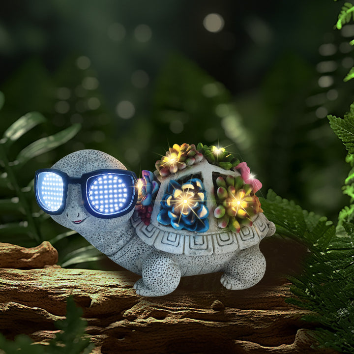 Solarbetriebene Gartenzwerg-Skulptur mit integrierten LED-Fairy Lights und Schildkröten-Topf