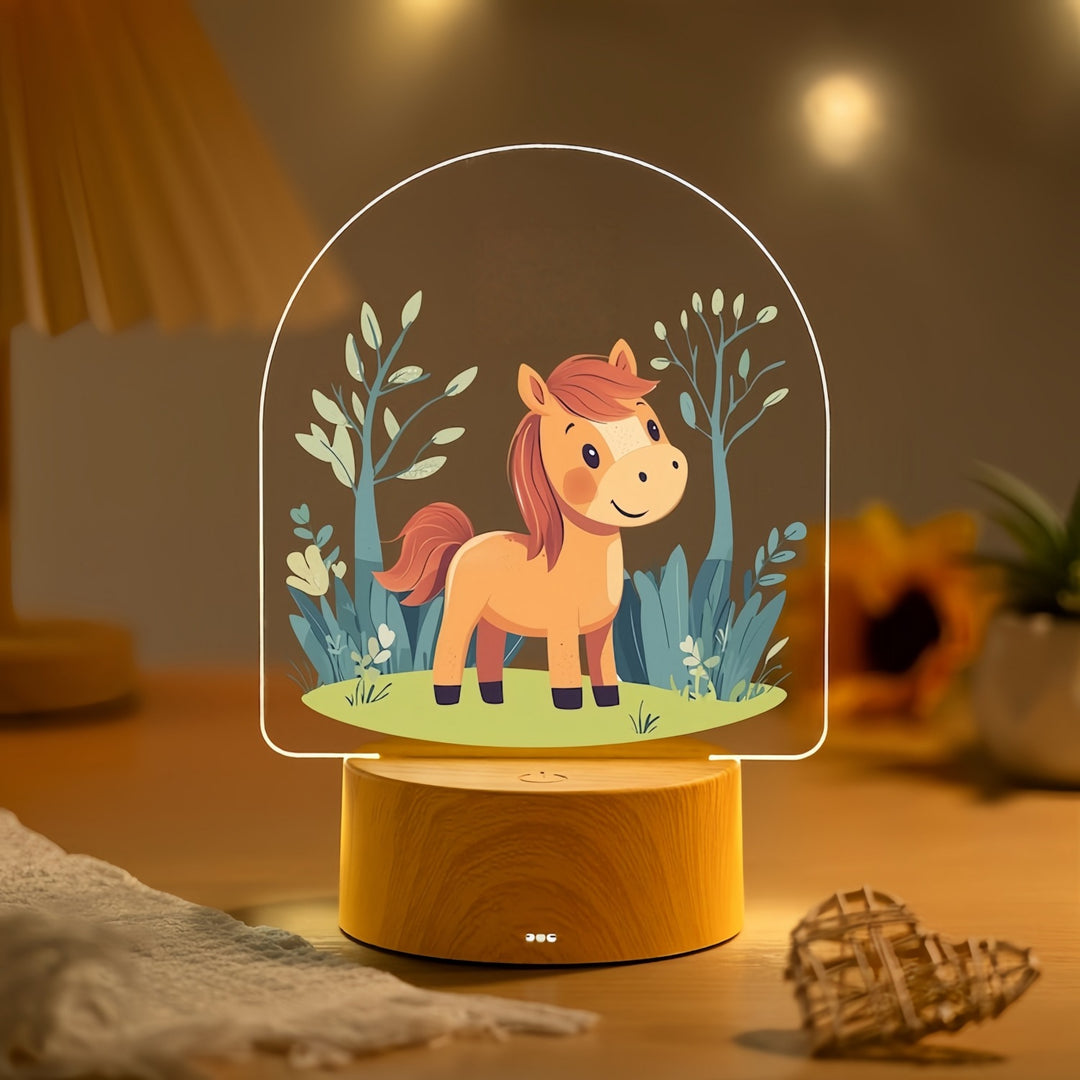 Kinder LED Acryl Nachtlicht mit süßer Pony-Illustration und Holzsockel