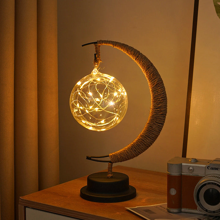 Dekorative Glas-Apfel-LED-Tischlampe mit Mondform-Seilumwickelständer
