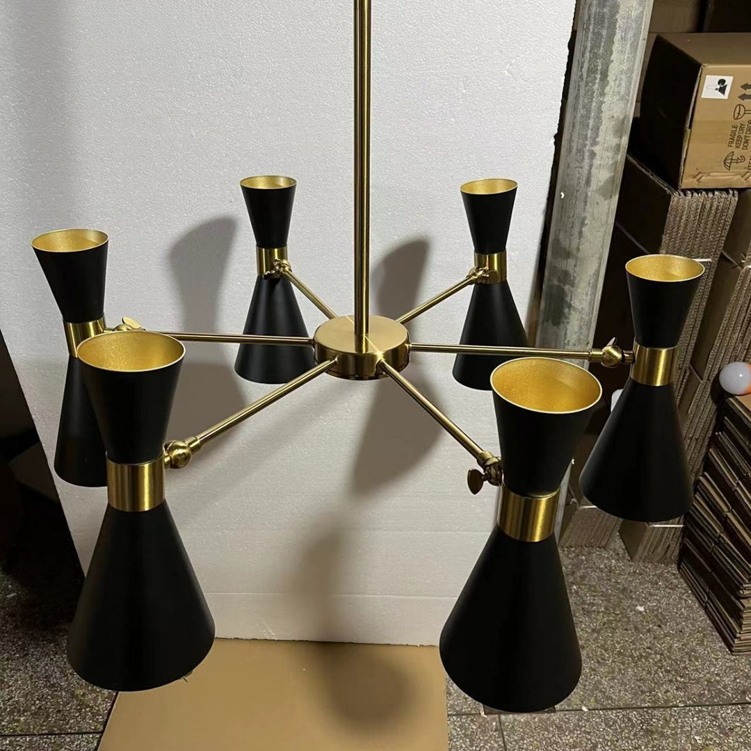 Mid-Century Sechs-Arm Doppel-Kegel Kronleuchter mit einstellbaren Schwenk-Schirmen