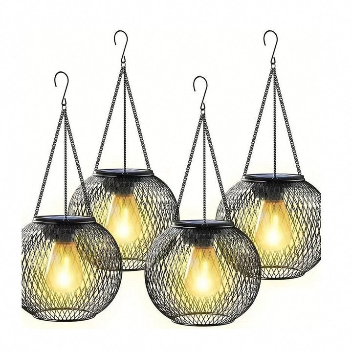 Solar Hängeleuchten für den Außenbereich mit Vintage-LED-Glühbirne im Filament-Stil und Metallkäfig wasserdichte Aufhängung