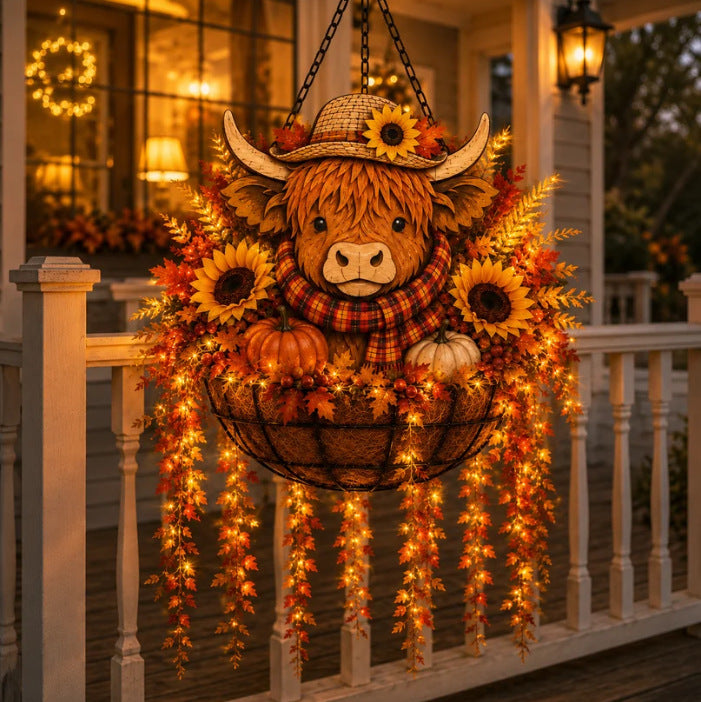 Herbsthängende Veranda-Basket-Dekoration mit Highland Cow Gesicht Sonnenblumen Kürbisse und LED-Fee-Lichter