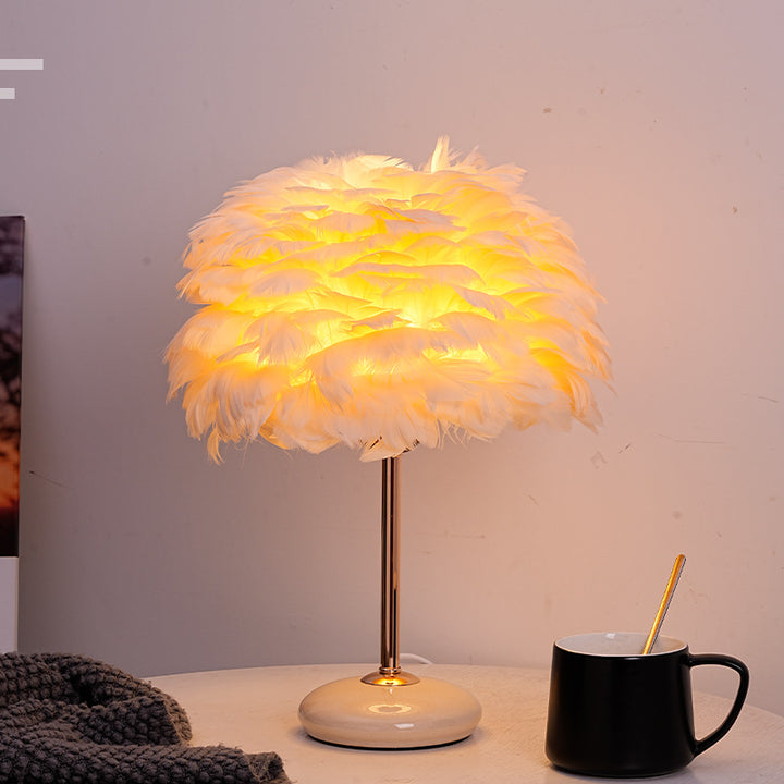 Feder Schirm Tischlampe mit Keramikbasis und poliertem Metallstange