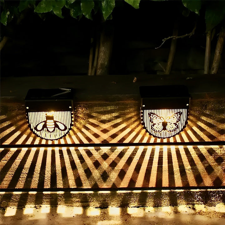 Dekorative Solar-Garten-Wandlaternen mit lasergeschnittenen Bienen- und Schmetterlingsmotiven