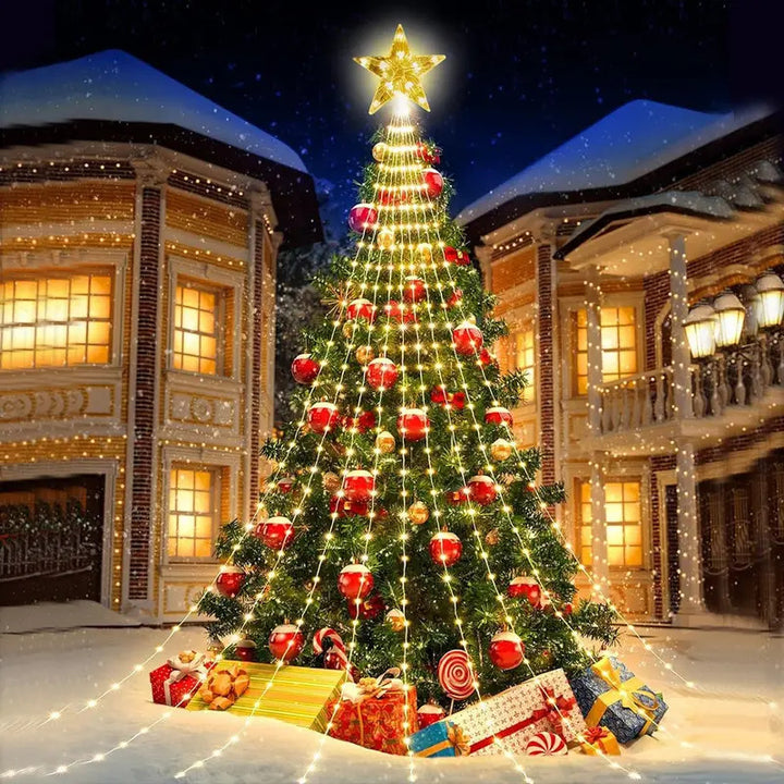 LED-beleuchteter vorinstallierter künstlicher Weihnachtsbaum mit kaskadierendem Stern-Topper und ornamentfertigen Zweigen