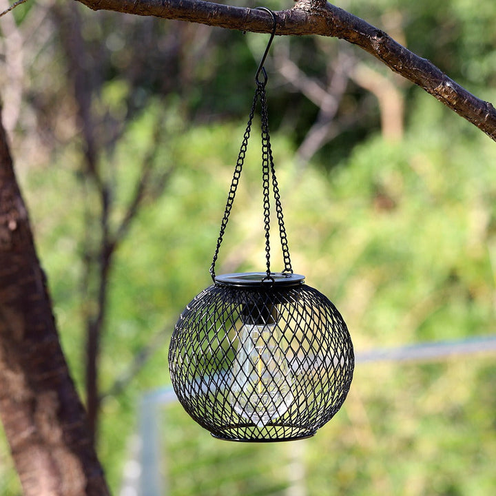 Solar Hängeleuchten für den Außenbereich mit Vintage-LED-Glühbirne im Filament-Stil und Metallkäfig wasserdichte Aufhängung