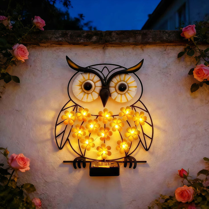 Metall Eule Wandkunst mit solarbetriebenen LED-Blumenlichtern und Eisenrahmen