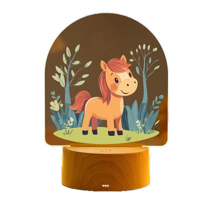 Kinder LED Acryl Nachtlicht mit süßer Pony-Illustration und Holzsockel