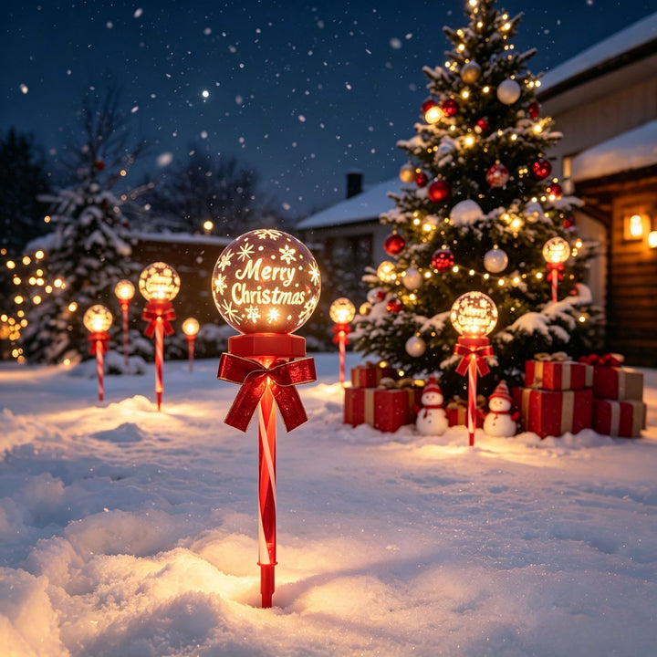 Festliche beleuchtete Weihnachtskugel mit dekorativem Sockel