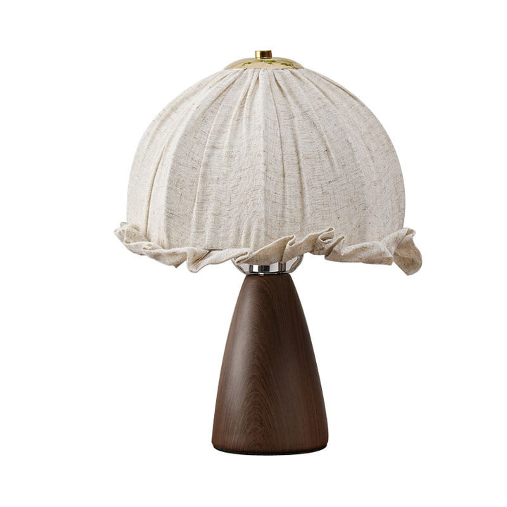 Handgefertigte Leinen-Rüschentischlampe mit Walnuss-Pyramidenbasis