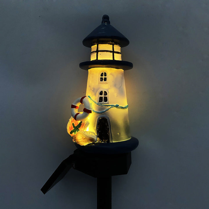 Resin-Leuchtturm-LED-Gartensteckerlampe mit integriertem Solarpanel und Rettungsring-Ornament