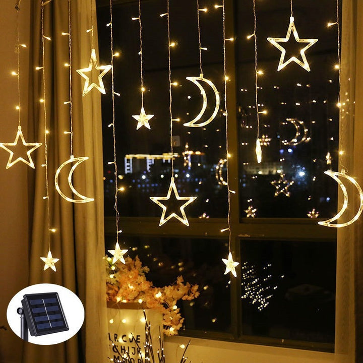 Hängende Stern- und Halbmond-LED-Vorhang-Lichterkette für Schlafzimmer-Ambiente