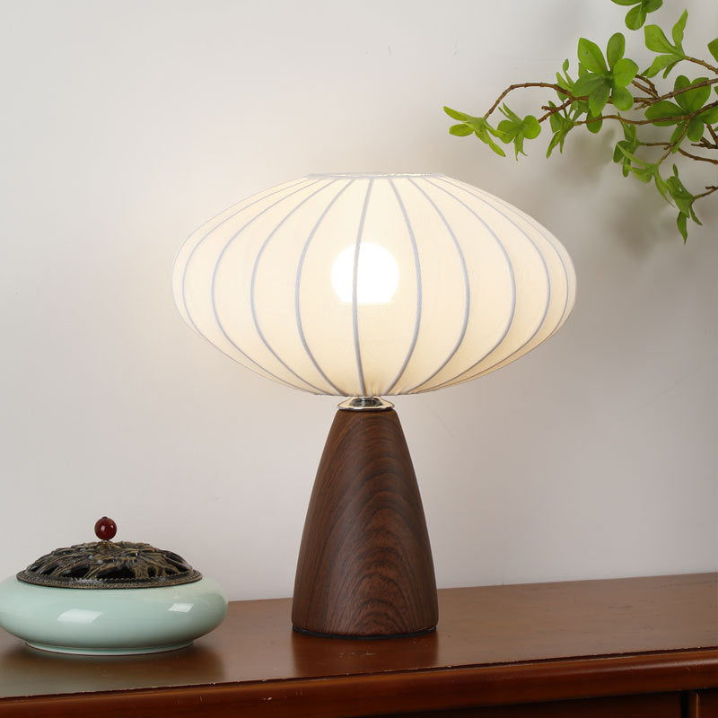 Mid-Century Holzmaserung Kegelbasis Pilzstoff Tischlampe