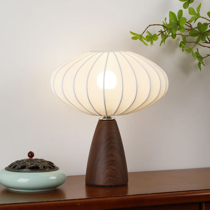 Mid-Century Holzmaserung Kegelbasis Pilzstoff Tischlampe
