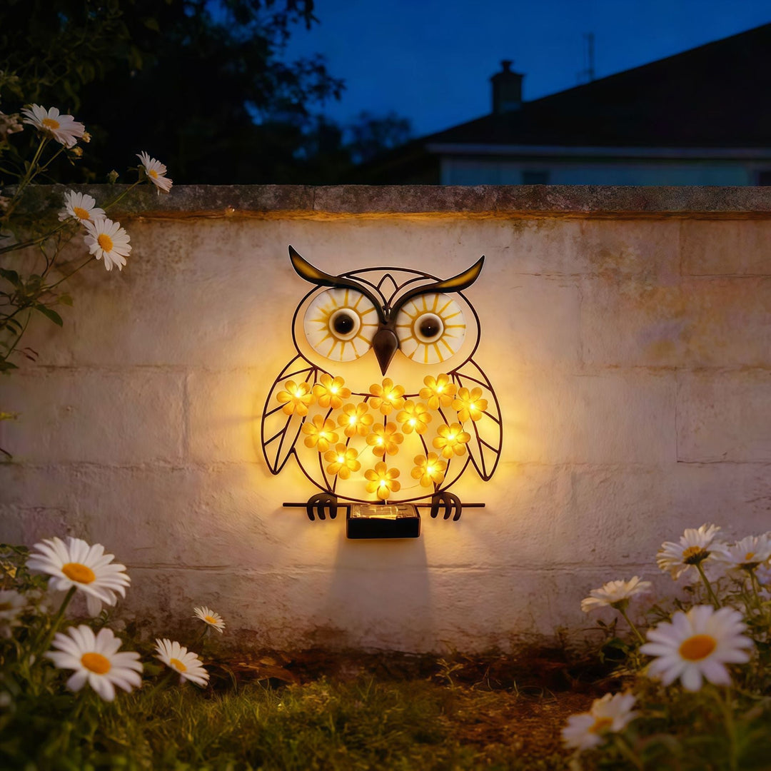 Metall Eule Wandkunst mit solarbetriebenen LED-Blumenlichtern und Eisenrahmen
