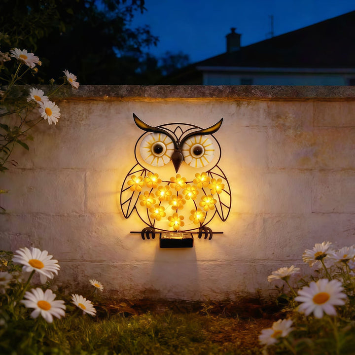 Metall Eule Wandkunst mit solarbetriebenen LED-Blumenlichtern und Eisenrahmen