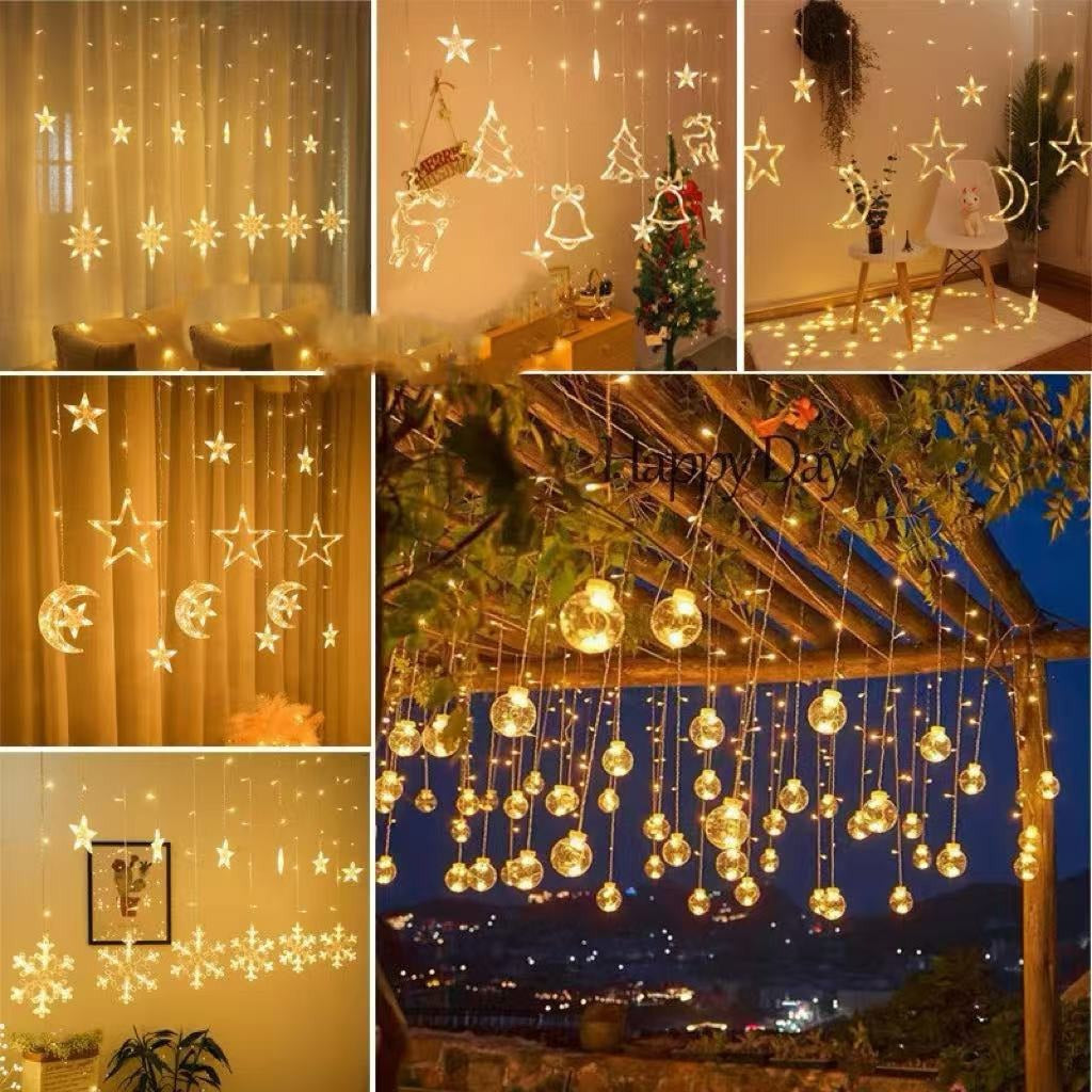 Hängende Stern- und Halbmond-LED-Vorhang-Lichterkette für Schlafzimmer-Ambiente