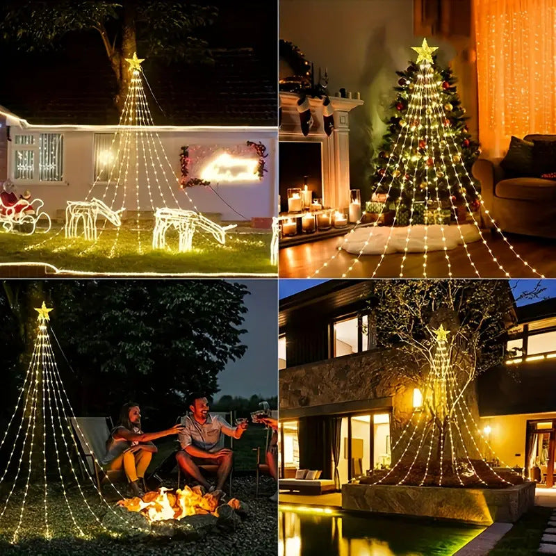 LED-beleuchteter vorinstallierter künstlicher Weihnachtsbaum mit kaskadierendem Stern-Topper und ornamentfertigen Zweigen