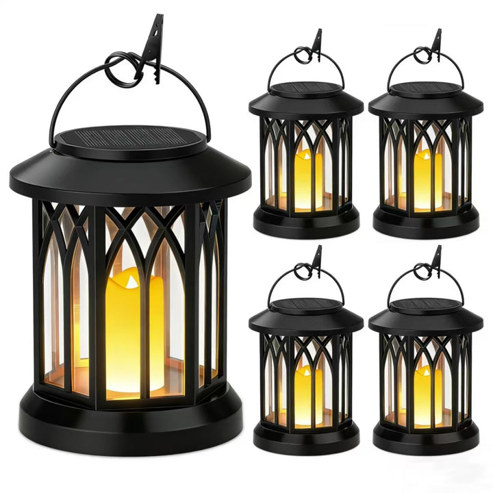 Solarbetriebene hängende LED-Laterne Set mit flackernder flameless Kerze und Metallclip-Haken