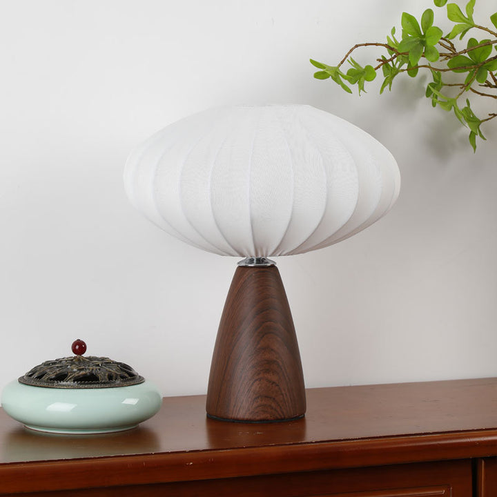 Mid-Century Holzmaserung Kegelbasis Pilzstoff Tischlampe