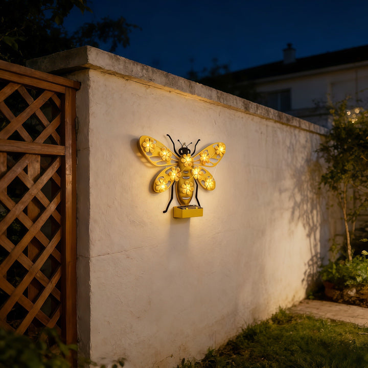 Dekorative Solar LED Bienen Wandskulptur mit Blumen-Lichterkette und Metallhalterung