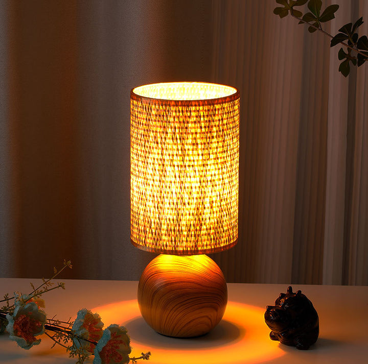 Runder Holzbasis Gewebter Rattan Schirm Tischlampe