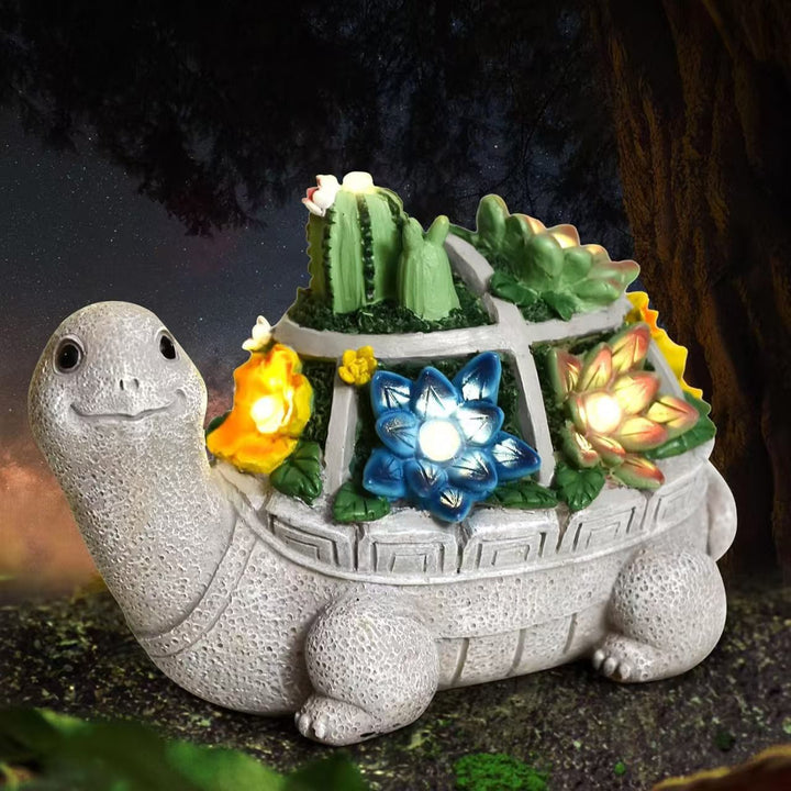 Solarbetriebene Gartenzwerg-Skulptur mit integrierten LED-Fairy Lights und Schildkröten-Topf