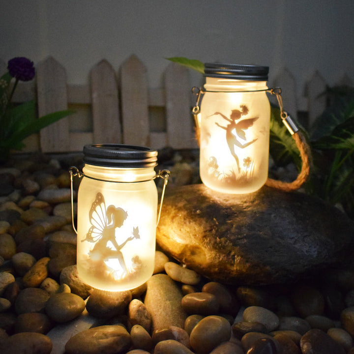 Hängende frosted Mason Jar Solar LED Feen Silhouette Laterne mit Seilgriff und dynamischer LED-Lichterkette
