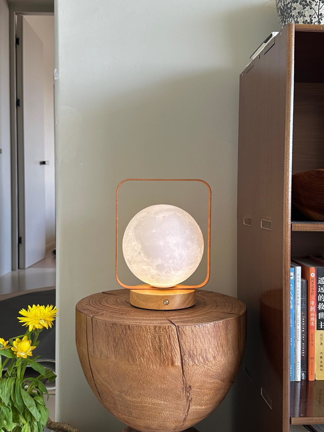 Moon Globe Ambient Tischlampe mit Holzfuß und Kupferrahmen