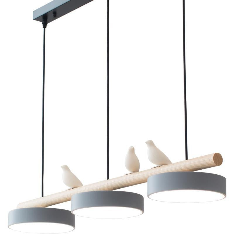 Dreifach-Licht Skandinavische Holz Balken Pendelleuchte mit Keramik Vogel Akzenten