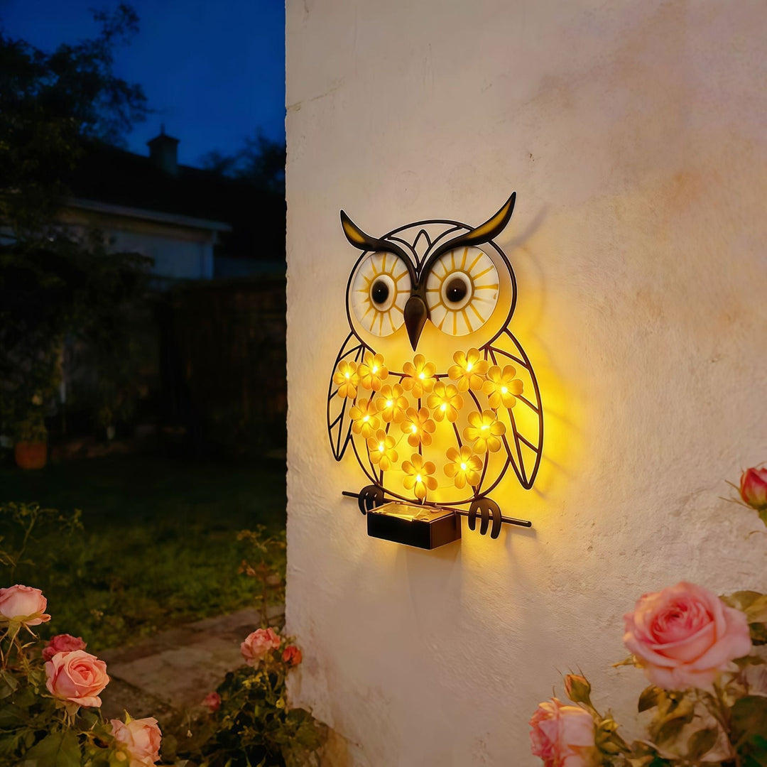Metall Eule Wandkunst mit solarbetriebenen LED-Blumenlichtern und Eisenrahmen