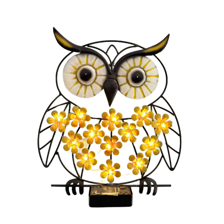 Metall Eule Wandkunst mit solarbetriebenen LED-Blumenlichtern und Eisenrahmen