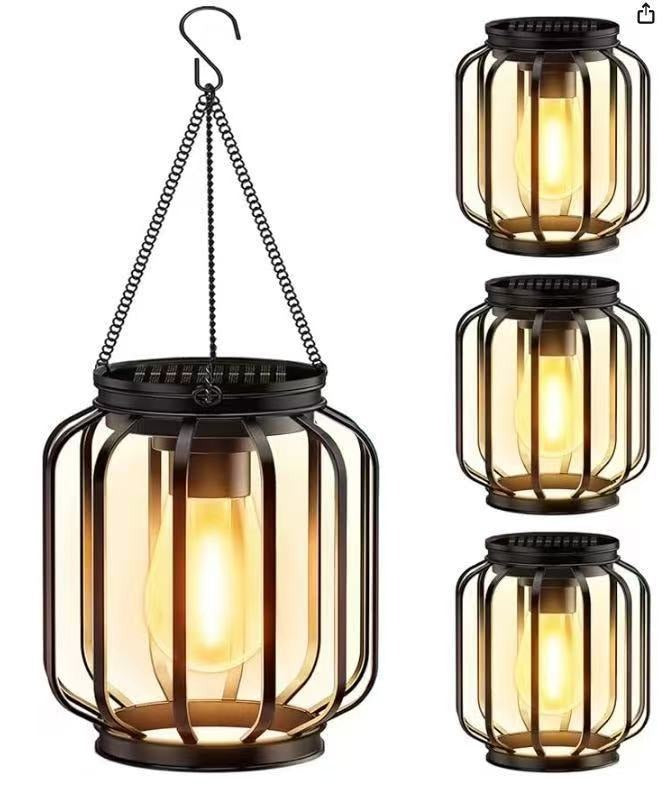 Solar Hängeleuchten für den Außenbereich mit Vintage-LED-Glühbirne im Filament-Stil und Metallkäfig wasserdichte Aufhängung
