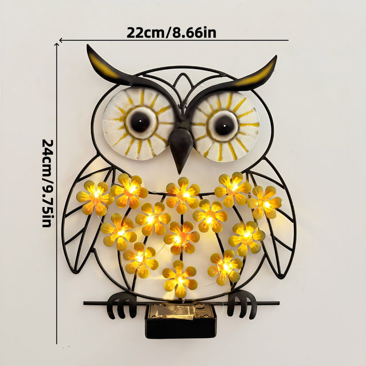 Metall Eule Wandkunst mit solarbetriebenen LED-Blumenlichtern und Eisenrahmen