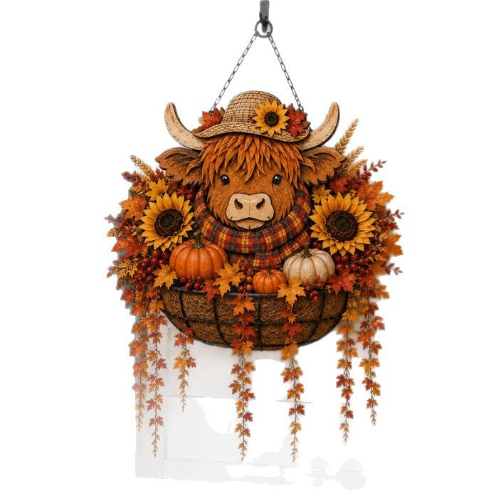 Herbsthängende Veranda-Basket-Dekoration mit Highland Cow Gesicht Sonnenblumen Kürbisse und LED-Fee-Lichter
