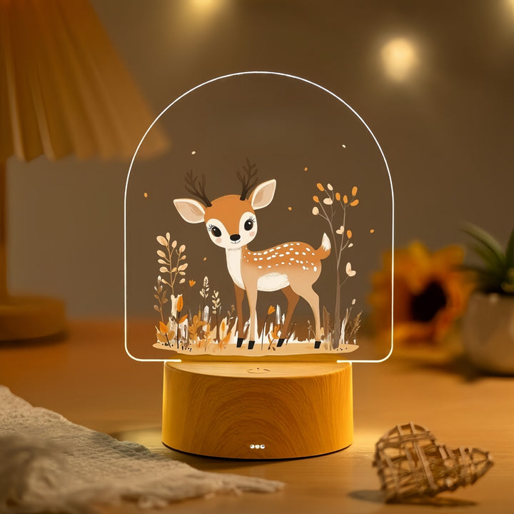 Kinder LED Acryl Nachtlicht mit süßer Pony-Illustration und Holzsockel