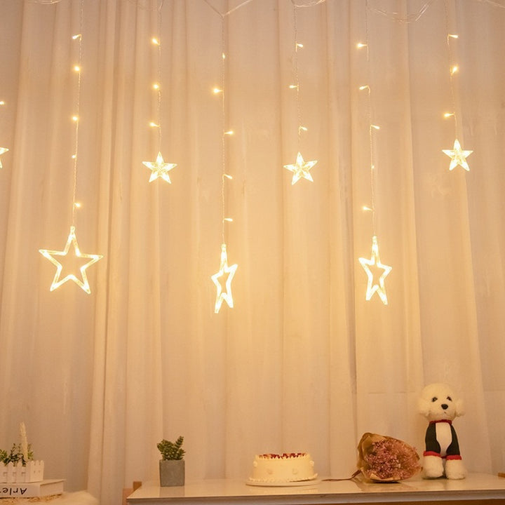 Hängende Stern- und Halbmond-LED-Vorhang-Lichterkette für Schlafzimmer-Ambiente