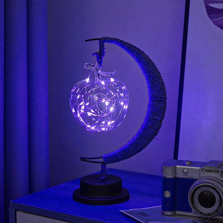 Dekorative Glas-Apfel-LED-Tischlampe mit Mondform-Seilumwickelständer
