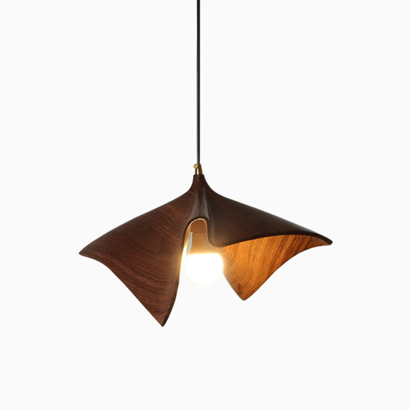 Organische Curved Holz-Look Harz Pendelleuchte mit Drapierter Blütenblattschirm